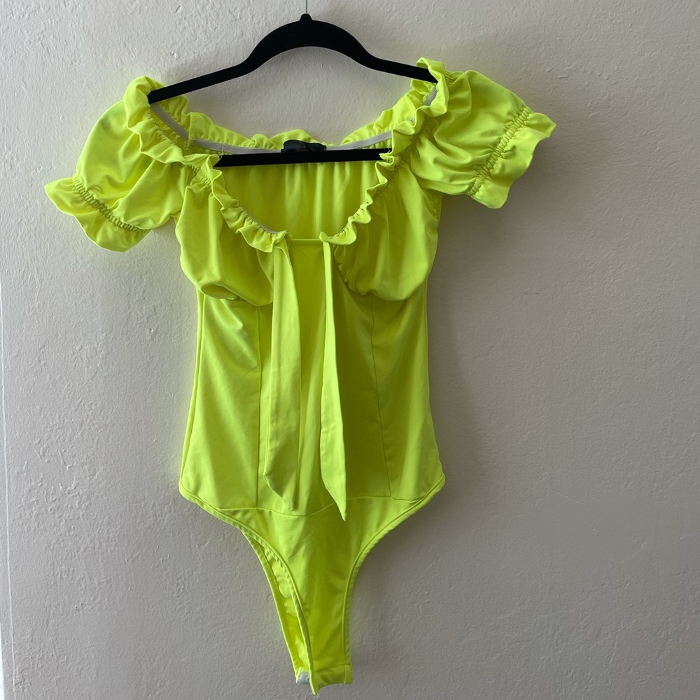Vibrant yellow/green ruffle bodysuit w/ tiefront